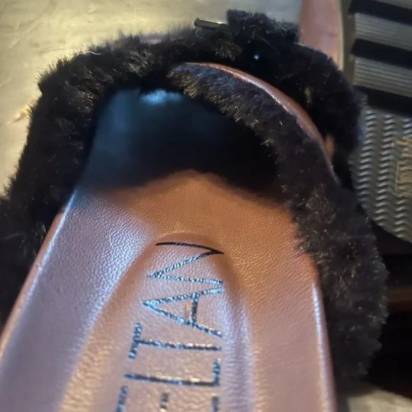 Deltan Women's Black and Brown Fur Buckle Mules - Picture 3 of 7